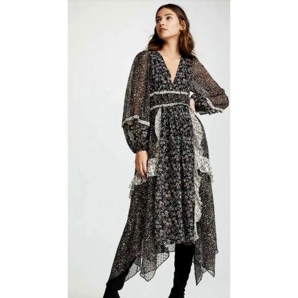 Ulla Johnson Dresses & Skirts - Ulla Johnson XS Primrose Dark Floral Silk Dress Boho Patchwork Long Sleeve 0 2